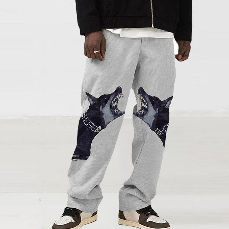 Bonsir Dog Print Man Loose Straight Oversize Pants Male Streetwear Hip Hop Long Trousers Fashion Elastic Waist New Arrived Pants
