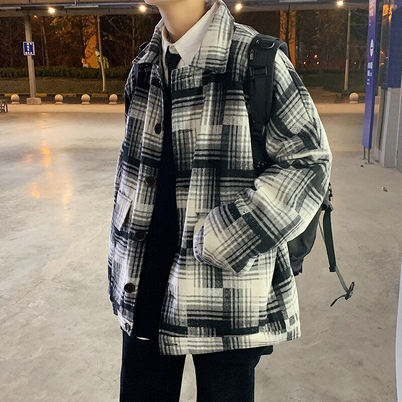 Bonsir Winter Woolen Coat Men Warm Overcoat Fashion Retro Hit Color Tartan Woolen Jacket Men Streetwear Loose Short Woolen Jacket Man