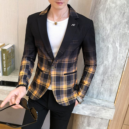 sanyamk Spring Men's Plaid Blazer Fashion Business Casual Men's Slim Suit Jacket Large Size Casual Banquet Wedding Party Club Dress