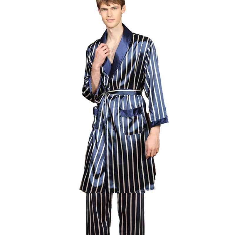 sanyamk 3 PCS Robe Pants Pajama Set 4XL 3XL Men Bathrobe Shorts Suit Silk Sleepwear for Men Kimono Home Soft Cozy Long-sleeved Bath Gown