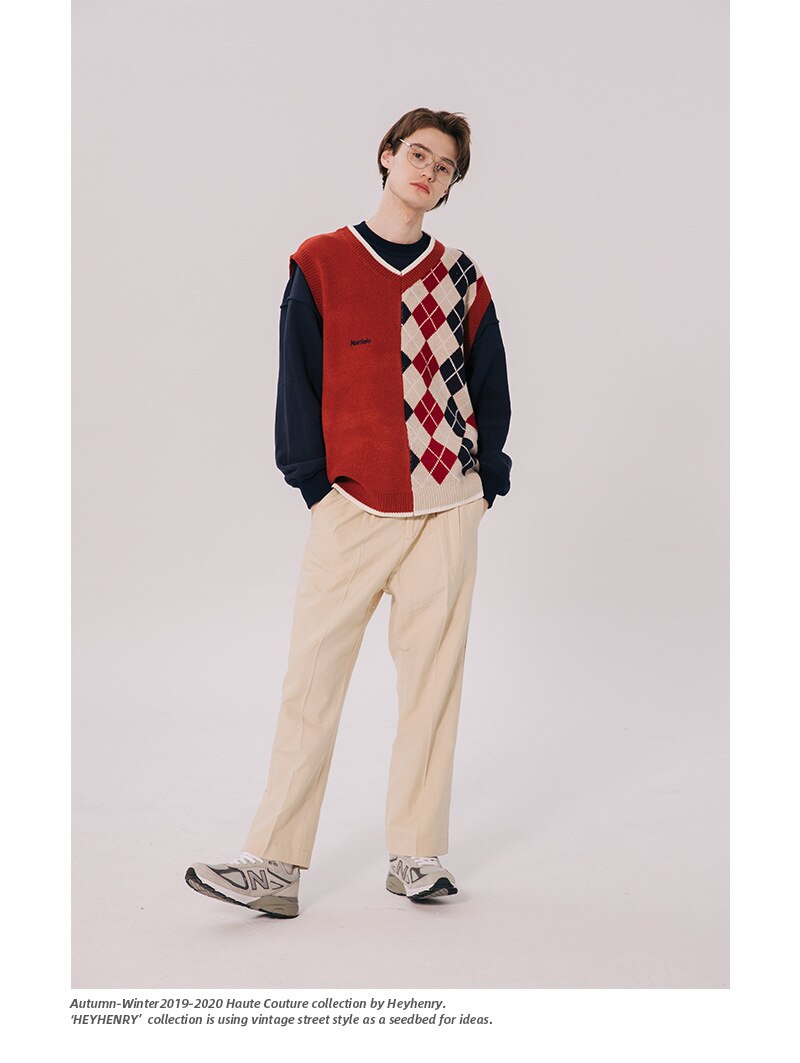 Bonsir Japanese Loose Couple Patchwork Argyle Sweater Vest Men's New Autumn Fashion Harajuku Letter Embroidery Man Pullover Vest