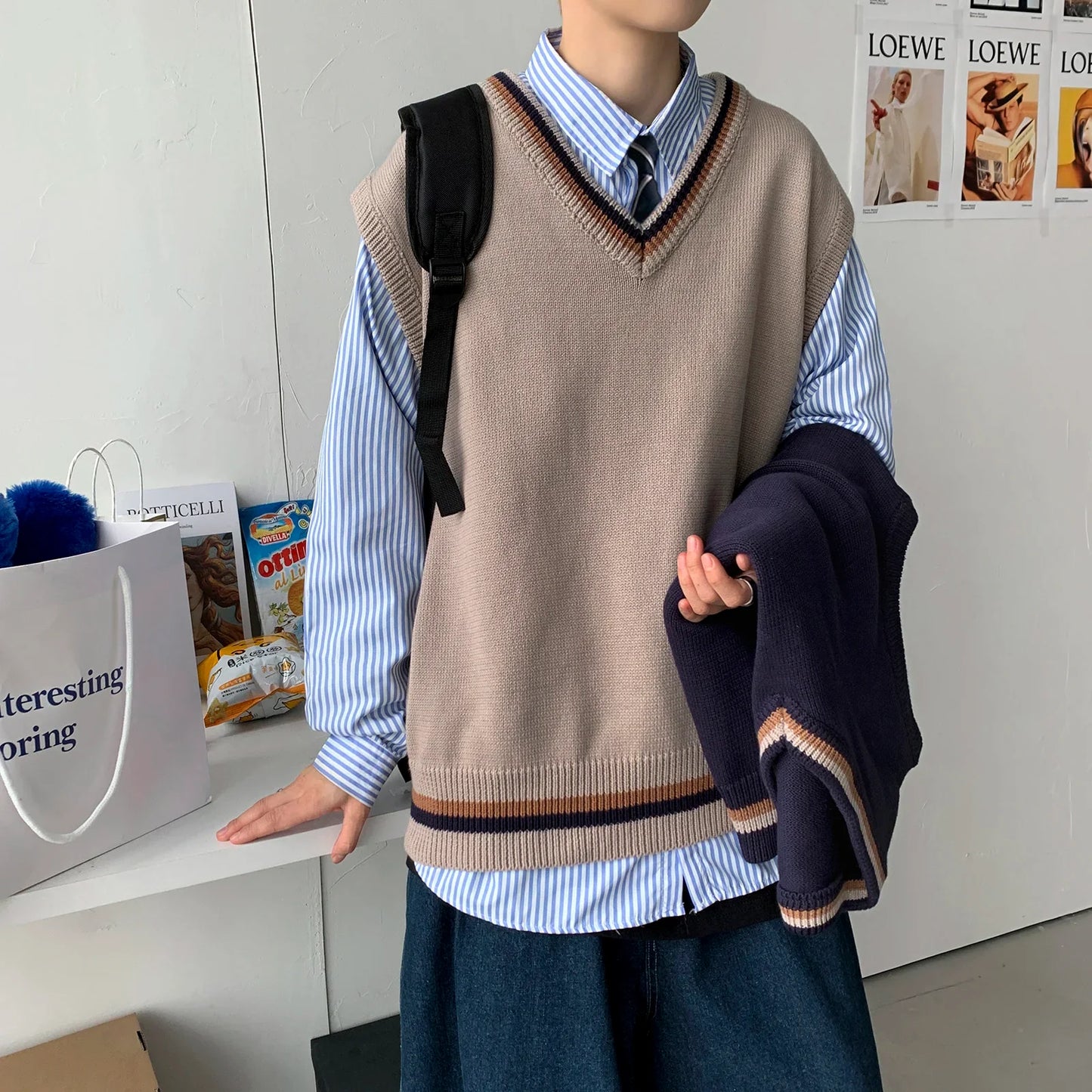Bonsir - men's autumn and winter Hong Kong style knitted cardigan V-neck sweater vest vest couple JKDK college style uniform