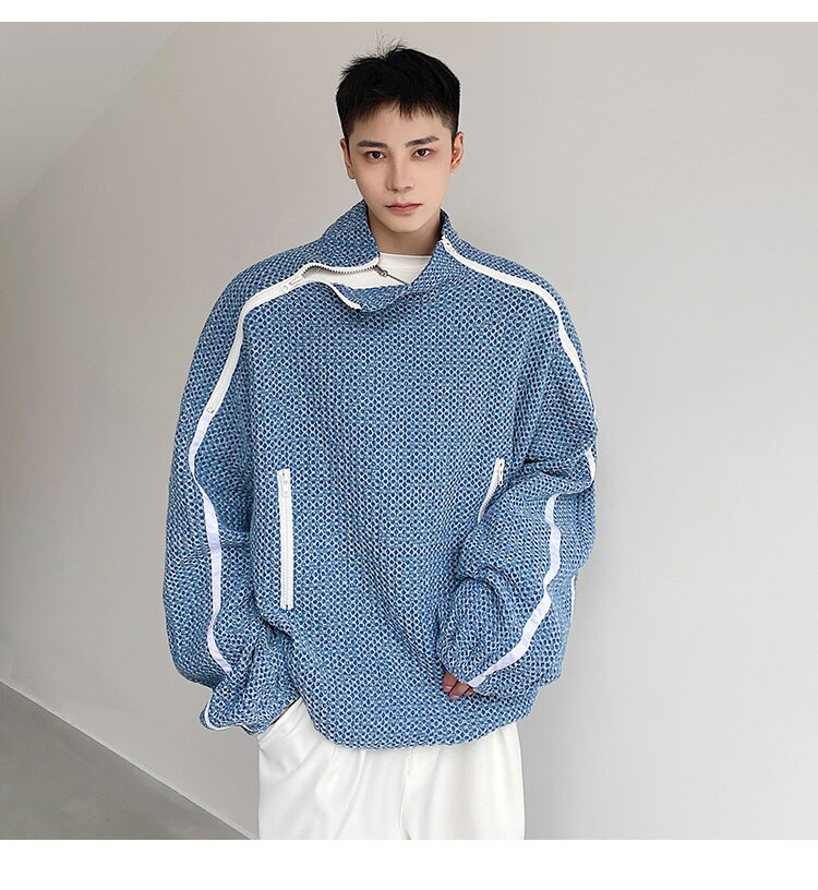 sanyamk Men Denim Stand Collar Double Zipper Loose Pullover Sweatshirt Jacket Man Trend Fashion Streetwear Oversize Sweatshirts Coat Top
