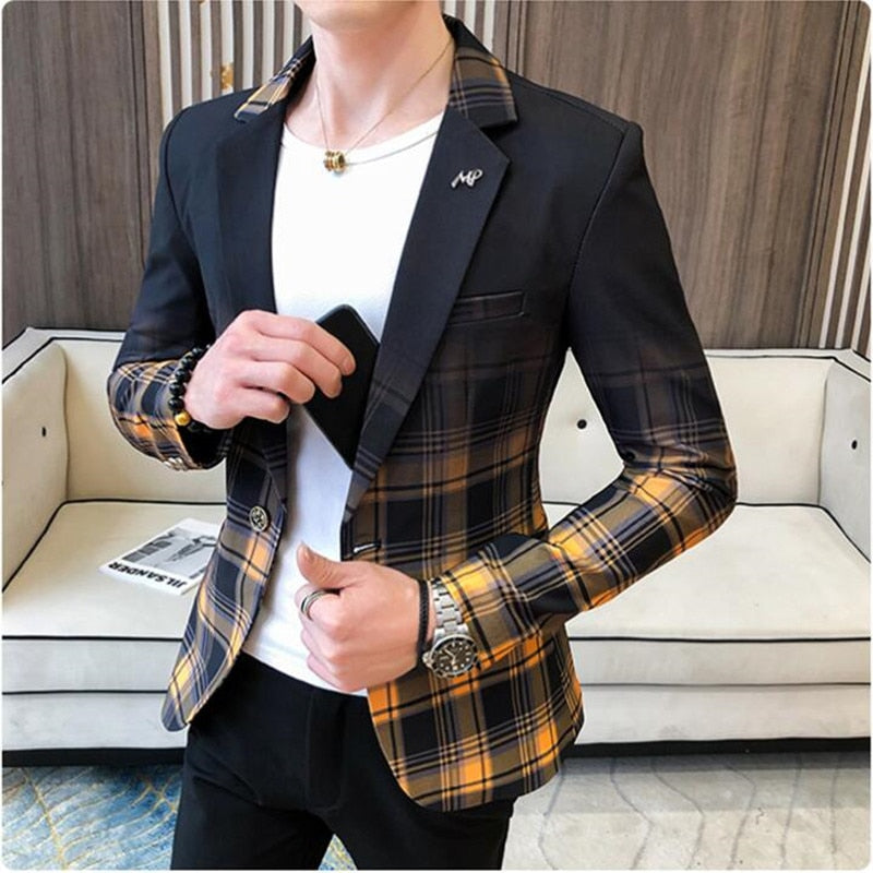 sanyamk Spring Men's Plaid Blazer Fashion Business Casual Men's Slim Suit Jacket Large Size Casual Banquet Wedding Party Club Dress