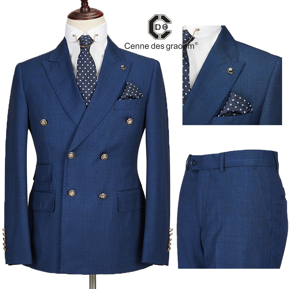 Cenne Des Graoom New Men Suit Plaid Double Breasted Two Pieces Slim Fit High Quality Wedding Party Singer Costume DG-188