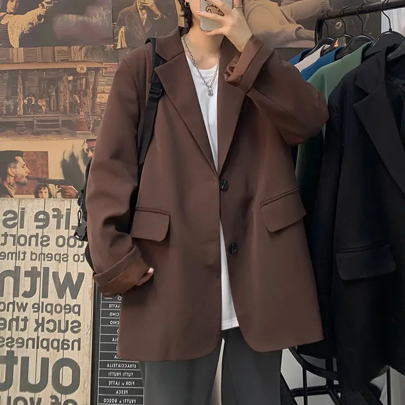 BONSIR - Korean Style Blazer Men Fashion Solid Color Business Casual Suit Jacket Men Streetwear Loose Dress Jackets Mens Formal Blazer