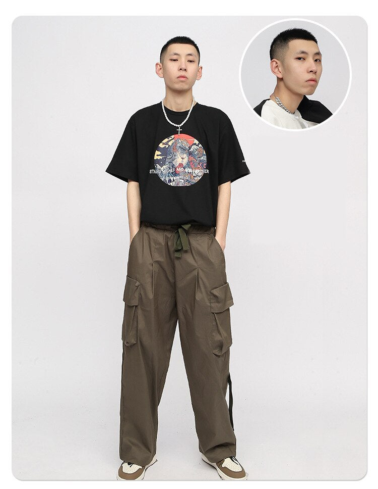 Bonsir New Japanese Fresh Cargo Pants Men Loose Wide-Leg Casual Streetwear Trousers Hip-Hop Straight Solid Color Multi-Pocket Clothing