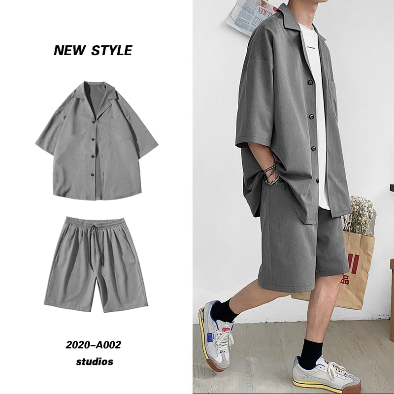 sanyamk Korean Style Men's Set Suit Jacket and Shorts Solid Thin Short Sleeve Top Matching Bottoms Summer Fashion Oversized Clothing Man