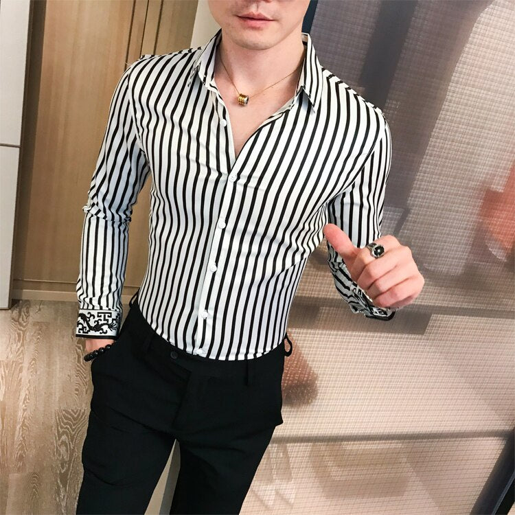 Bonsir Autumn Long Sleeve Stripe Shirt Men Casual Slim Fit Dress Shirts Streetwear Social Night Club Work Shirt Chemise Homme