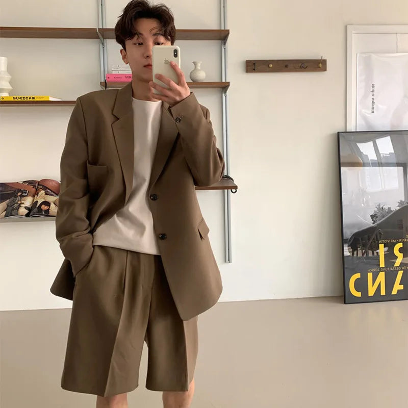 sanyamk Summer Korean Shorts Men's Fashion Solid Color Business Casual Dress Shorts Men Streetwear Wild Loose Suit Shorts Mens M-XL