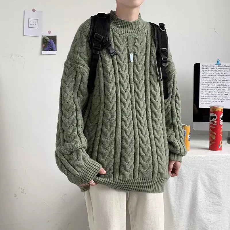 Bonsir - new round neck knitted sweater autumn and winter men's knitting thick wool twisted twist pullover sweater