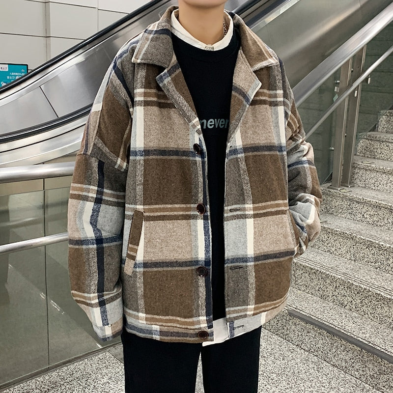 Bonsir Winter Woolen Coat Men Warm Overcoat Fashion Retro Hit Color Tartan Woolen Jacket Men Streetwear Loose Short Woolen Jacket Man