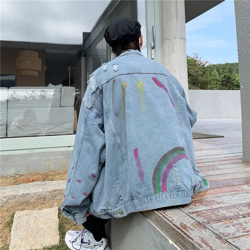 sanyamk Pierced denim jacket men's Korean version chaopai high street splash couple's coat spring and autumn loose fashion versatile top