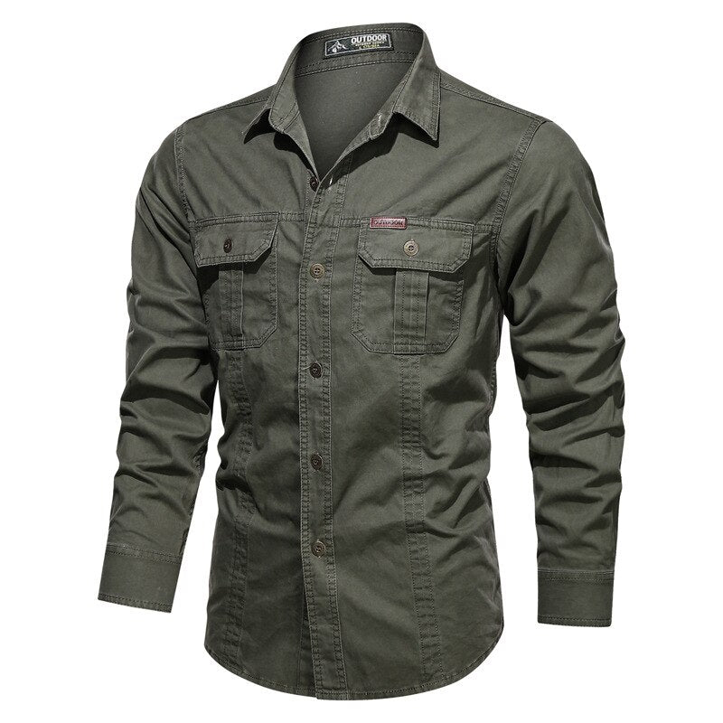 sanyamk Autumn Men Washing Shirts Military Style Casual Cargo Cotton Chic Pocket Tracksuit Simple Solid Color Long Sleeve Clothing