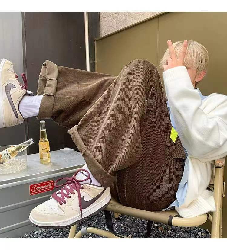 sanyamk Men's Retro Corduroy Fabric Casual Pants Loose Fashion Trend Wide Leg Pants Solid Color High-quality Trousers Size M-3XL