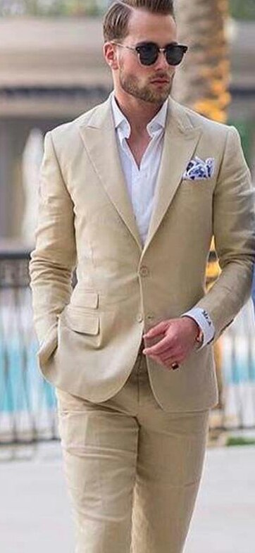 sanyamk Ivory Linen Men Suits for Beach Wedding Groom Tuxedos Notched Lapel Terno Two Pieces Groomsmen Wear Slim Fit Men Suits