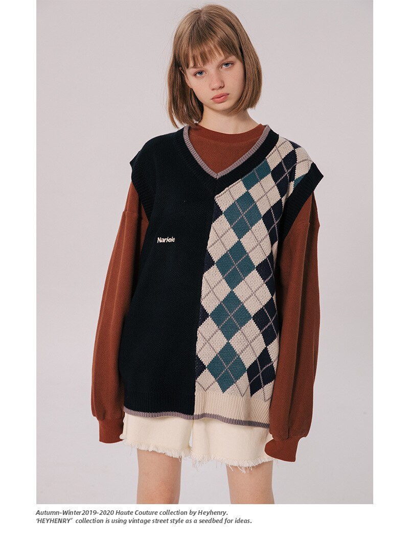 Bonsir Japanese Loose Couple Patchwork Argyle Sweater Vest Men's New Autumn Fashion Harajuku Letter Embroidery Man Pullover Vest