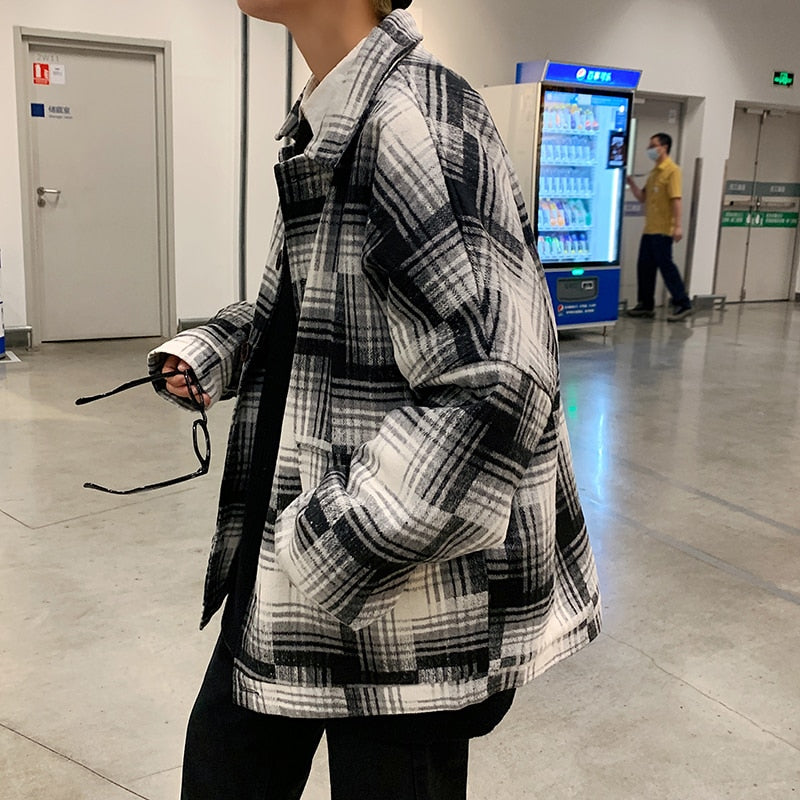 Bonsir Winter Woolen Coat Men Warm Overcoat Fashion Retro Hit Color Tartan Woolen Jacket Men Streetwear Loose Short Woolen Jacket Man