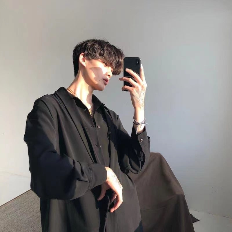 sanyamk Four Seasons Korean Men's Loose Retro Chiffon Fabric Bow Tie Shirt Men's Long Sleeve Nice Clothes Shirts White/black Color Coats