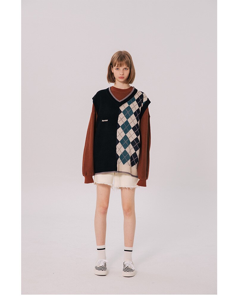 Bonsir Japanese Loose Couple Patchwork Argyle Sweater Vest Men's New Autumn Fashion Harajuku Letter Embroidery Man Pullover Vest