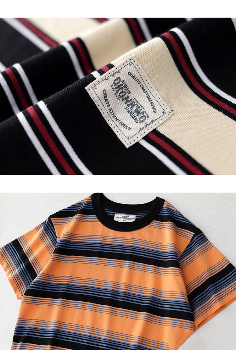 Bonsir Summer Stripe T-Shirt Men And Women Classic Streetwear Fashion Ins Trend Vintage O-Neck Cotton Youth Couple Short-Sleeved Tops