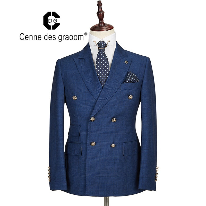 Cenne Des Graoom New Men Suit Plaid Double Breasted Two Pieces Slim Fit High Quality Wedding Party Singer Costume DG-188