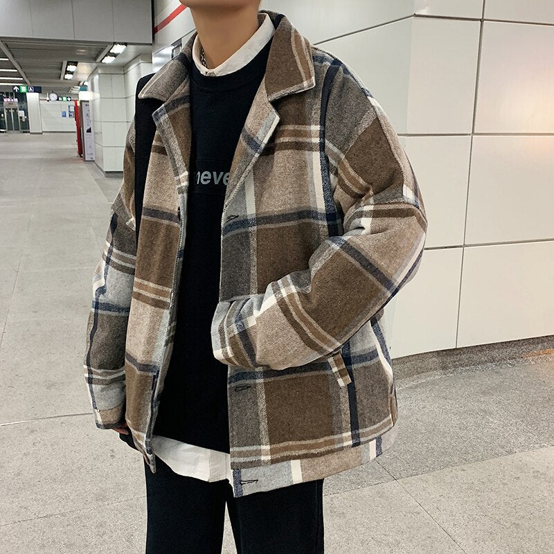 Bonsir Winter Woolen Coat Men Warm Overcoat Fashion Retro Hit Color Tartan Woolen Jacket Men Streetwear Loose Short Woolen Jacket Man