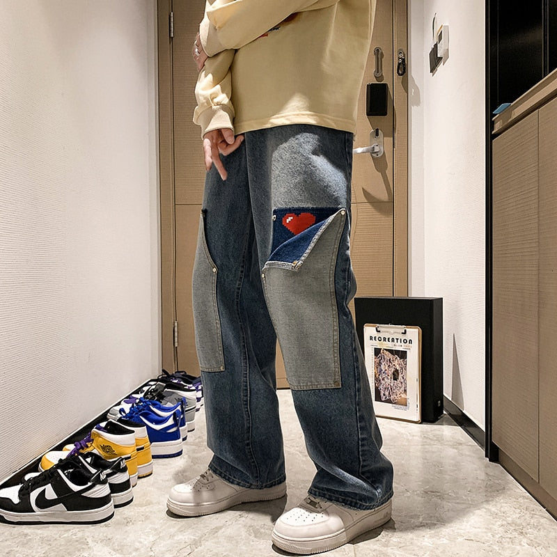 sanyamk Men Jeans Hip Hop Patchwork Oversized Straight Jean Pants Mens Red Heart Print jeans Top Quality Streetwear Denim Pants