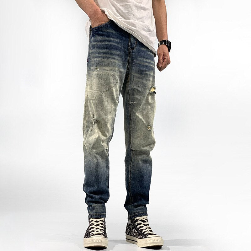 sanyamk 740 Fall New Men Jeans Vintage Denim Trendy Hole Korean Style Slim Hip Hop Streetwear Personality Distressed Male Pants Brand