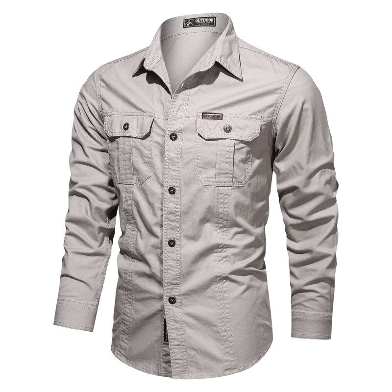 sanyamk Autumn Men Washing Shirts Military Style Casual Cargo Cotton Chic Pocket Tracksuit Simple Solid Color Long Sleeve Clothing