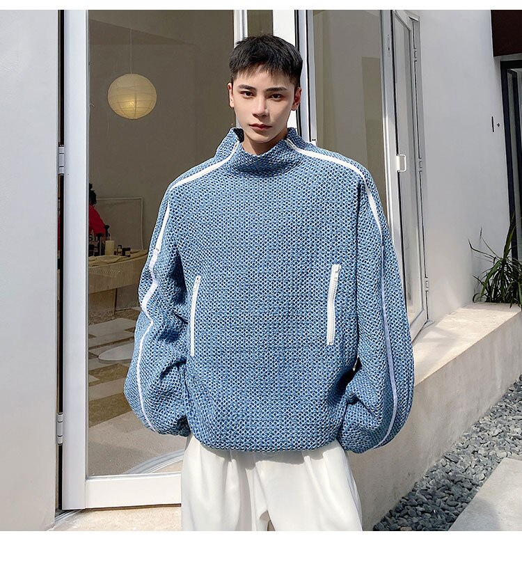 sanyamk Men Denim Stand Collar Double Zipper Loose Pullover Sweatshirt Jacket Man Trend Fashion Streetwear Oversize Sweatshirts Coat Top