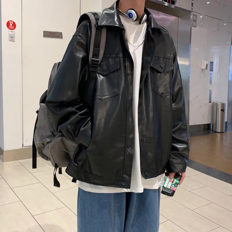 sanyamk Black Faux Leather Jacket Men Autumn Mens Hip Hop Jacket PU Leather Male Oversize Streetwear Korean Trend Jackets Coats