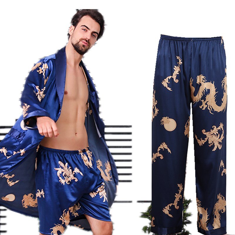 sanyamk 3 PCS Robe Pants Pajama Set 4XL 3XL Men Bathrobe Shorts Suit Silk Sleepwear for Men Kimono Home Soft Cozy Long-sleeved Bath Gown