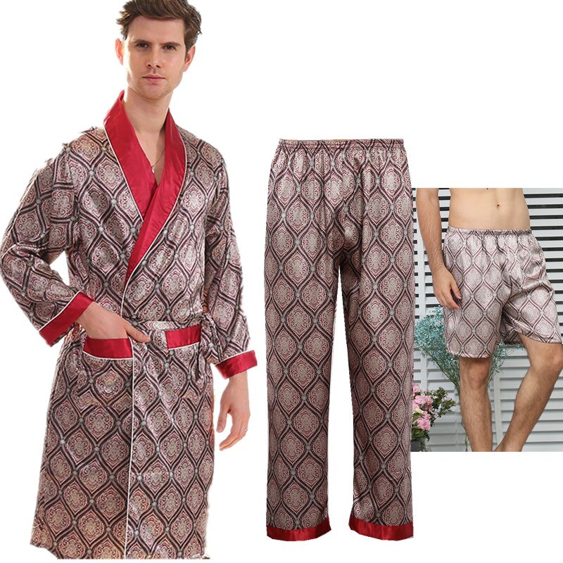sanyamk 3 PCS Robe Pants Pajama Set 4XL 3XL Men Bathrobe Shorts Suit Silk Sleepwear for Men Kimono Home Soft Cozy Long-sleeved Bath Gown