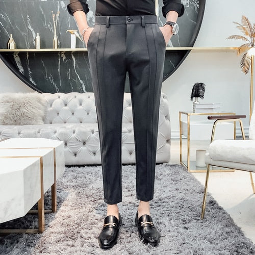 sanyamk New Fashion Boutique Stretch Suit Pants Men's Luxury Brand casual pants men's straight slim Slim pants men's trousers