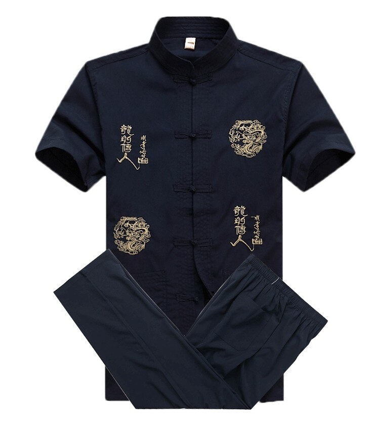 sanyamk Chinese Men Cotton Kung Fu Suit Embroidery Wu Shu Uniform Tai Chi Clothing Short Sleeve Shirt+Pant M L XL XXL XXXL MS013