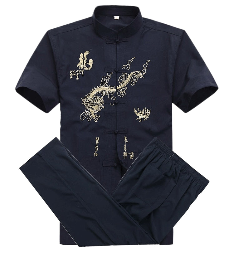 sanyamk Chinese Men Cotton Kung Fu Suit Embroidery Wu Shu Uniform Tai Chi Clothing Short Sleeve Shirt+Pant M L XL XXL XXXL MS013