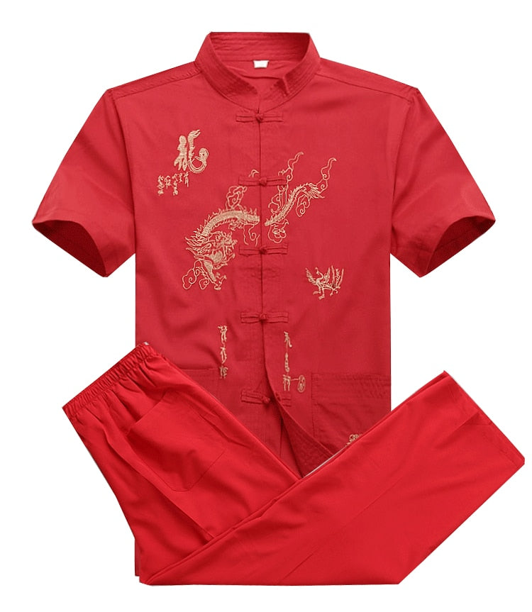 sanyamk Chinese Men Cotton Kung Fu Suit Embroidery Wu Shu Uniform Tai Chi Clothing Short Sleeve Shirt+Pant M L XL XXL XXXL MS013