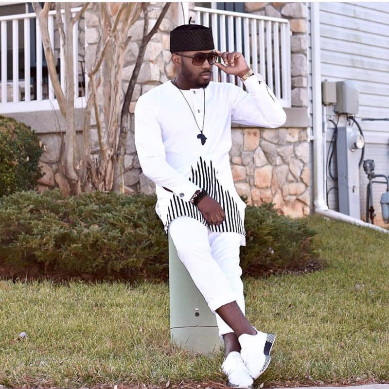 H&D African Dashiki Clothes For Men No Cap Shirt Pants Set Embroidery Tops Trouser Suit Men's Traditional African Clothing