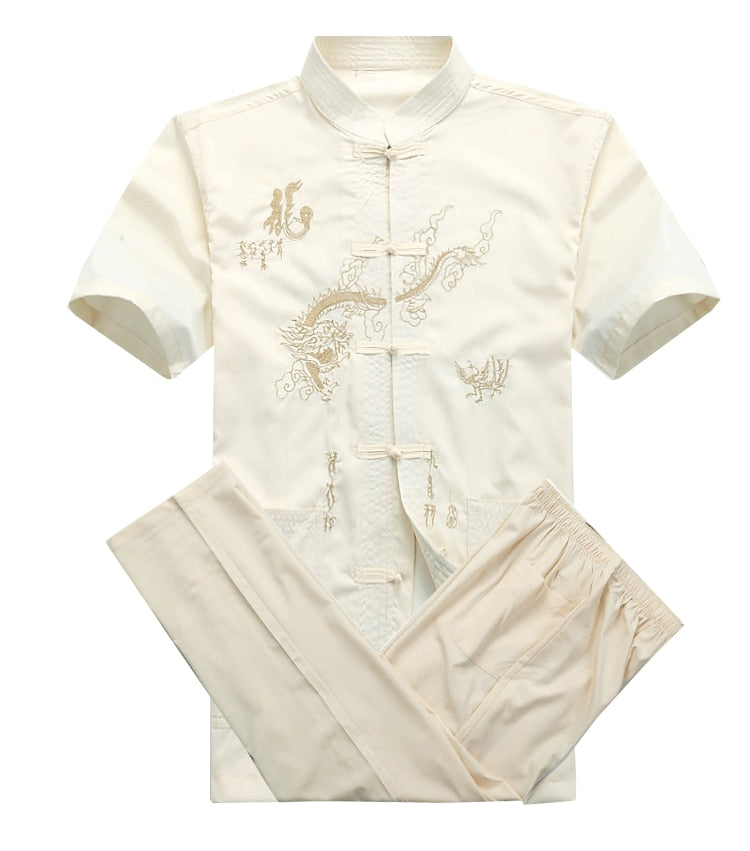 sanyamk Chinese Men Cotton Kung Fu Suit Embroidery Wu Shu Uniform Tai Chi Clothing Short Sleeve Shirt+Pant M L XL XXL XXXL MS013