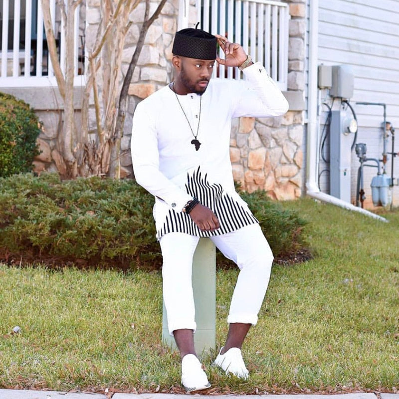 H&D African Dashiki Clothes For Men No Cap Shirt Pants Set Embroidery Tops Trouser Suit Men's Traditional African Clothing
