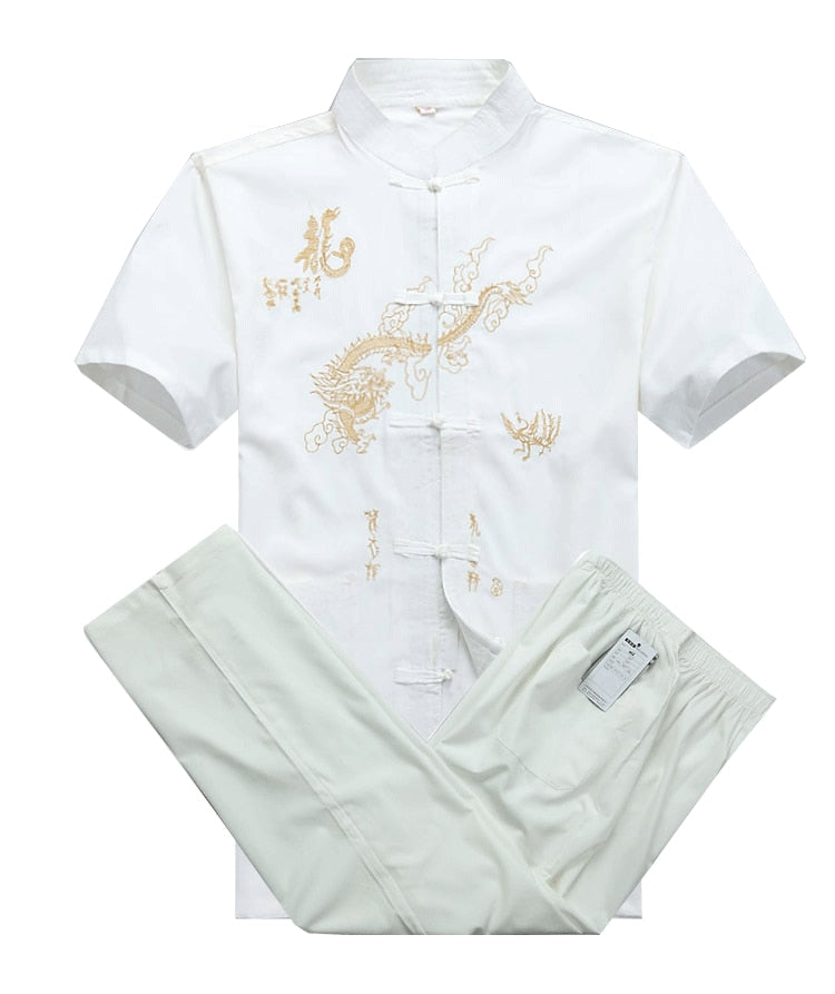 sanyamk Chinese Men Cotton Kung Fu Suit Embroidery Wu Shu Uniform Tai Chi Clothing Short Sleeve Shirt+Pant M L XL XXL XXXL MS013