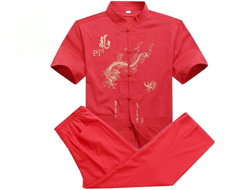 sanyamk Chinese Men Cotton Kung Fu Suit Embroidery Wu Shu Uniform Tai Chi Clothing Short Sleeve Shirt+Pant M L XL XXL XXXL MS013