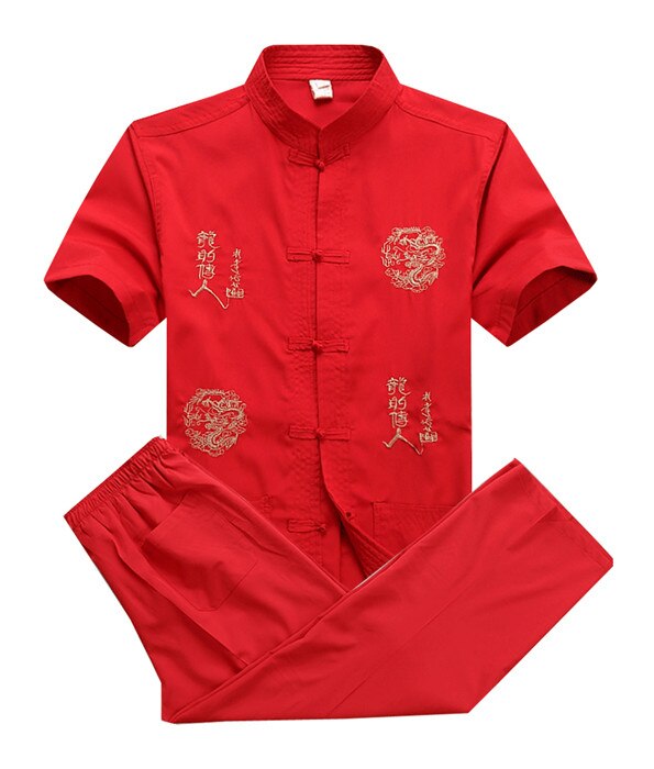 sanyamk Chinese Men Cotton Kung Fu Suit Embroidery Wu Shu Uniform Tai Chi Clothing Short Sleeve Shirt+Pant M L XL XXL XXXL MS013