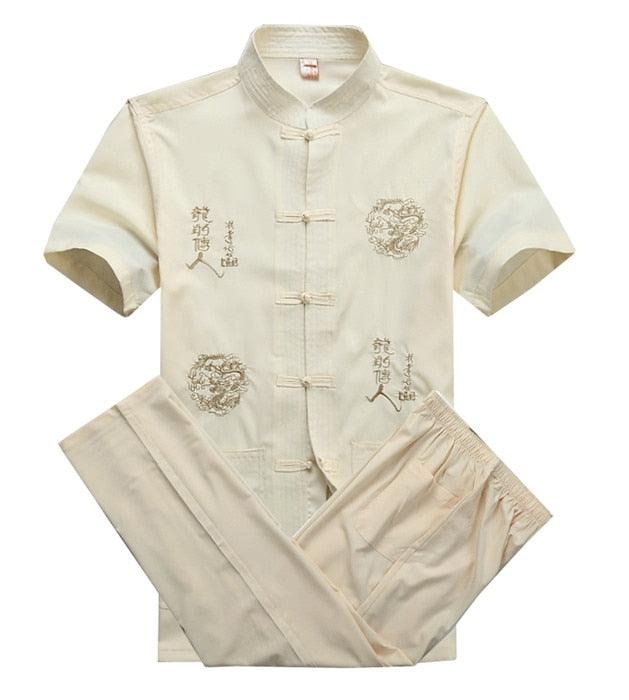 sanyamk Chinese Men Cotton Kung Fu Suit Embroidery Wu Shu Uniform Tai Chi Clothing Short Sleeve Shirt+Pant M L XL XXL XXXL MS013