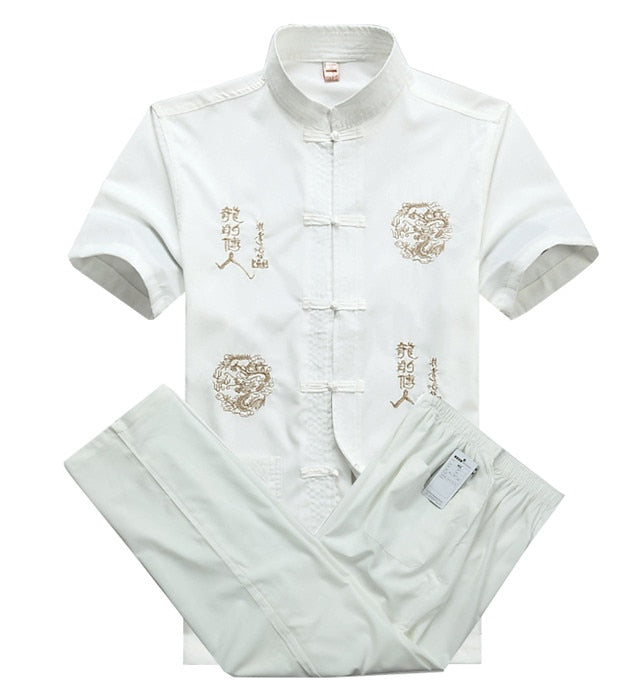 sanyamk Chinese Men Cotton Kung Fu Suit Embroidery Wu Shu Uniform Tai Chi Clothing Short Sleeve Shirt+Pant M L XL XXL XXXL MS013