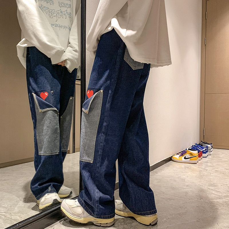 sanyamk Men Jeans Hip Hop Patchwork Oversized Straight Jean Pants Mens Red Heart Print jeans Top Quality Streetwear Denim Pants