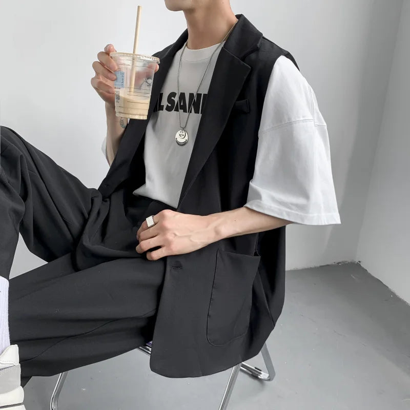 sanyamk - Korean fashion versatile men's loose suit collar vest hairdresser clothing BF style youth casual coat trend