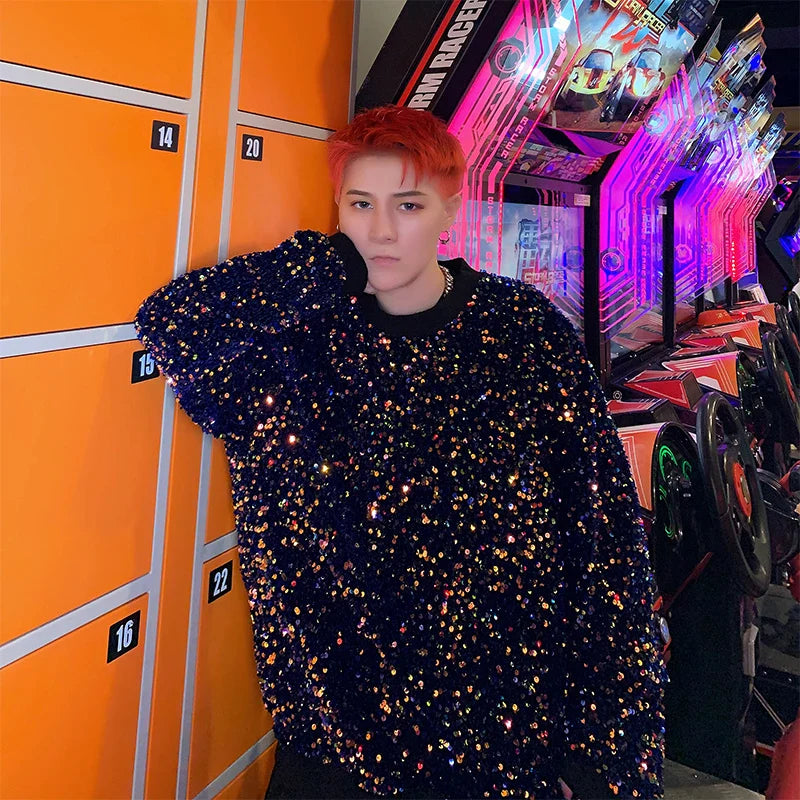 sanyamk - Twinkling Colors Sequins Men's Hoodies Sweatshirts Reflective Hip-Hop Pullovers Singer Stage Streetwear Christmas Party Tops