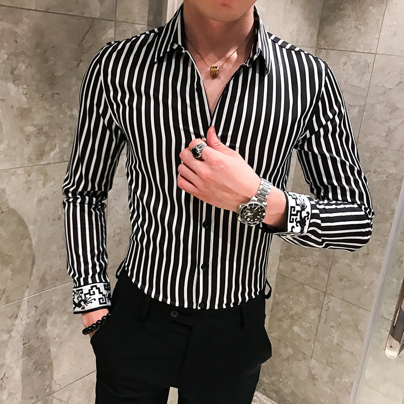 Bonsir Autumn Long Sleeve Stripe Shirt Men Casual Slim Fit Dress Shirts Streetwear Social Night Club Work Shirt Chemise Homme